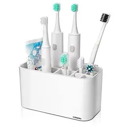 Produktbild: CORNERIA Zahnbürstenhalter Wand - Badezimmer an der Wand befestigter Zahnbürstenbehälter - Zahnpastaständer (4 Zahnbürstenfächer + 6 elektrische Zahnbürstenköpfe) (weiß)
