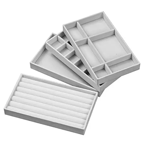 Produktbild: Corpower Schmucktablett, 4 Stücke Schmuckaufbewahrung Schublade Schmucktablett Organizer Stapelbar Lint Schmuckkoffer, für Ringe Halskette Ohrring Armbänder Uhren Damen Mädchen (Grau)