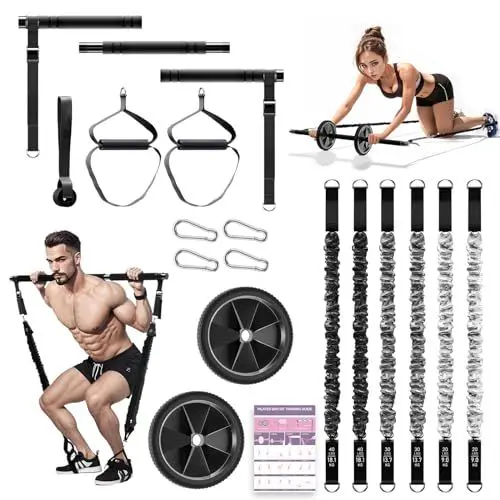 Produktbild: COSDIG Pilates Bar Set mit 6 Widerstandsbänder, Fitnessbänder Pilates Stangen Set mit AB Rolle, 20/30/40lbs Resistance Bands, Griffe, Türanker für Krafttraining und Körperstraffung (Schwarz)