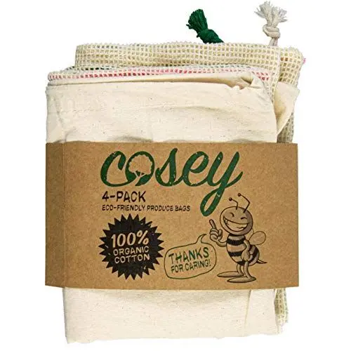 Produktbild: Cosey Wiederverwendbare Obst- und Gemüsebeutel aus Baumwolle mit Tara (4 Stück)
