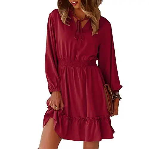Produktbild: Sommermode-Kleid, A-Linie, Damen-Kleid mit V-Kragen, Bequemer Kordelzug, Atmungsaktiv, Zum Einkaufen für das Büro für Damen (XL)