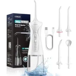 Produktbild: COSLUS Munddusche Kabellos Elektrischer Zahnreiniger: 4 Modi Tragbare Zahndusche 300ml Wassertank Munddusche Testsieger Einfach Zu Verwenden Zungenreiniger für Zahnpflege Reisen Weiß