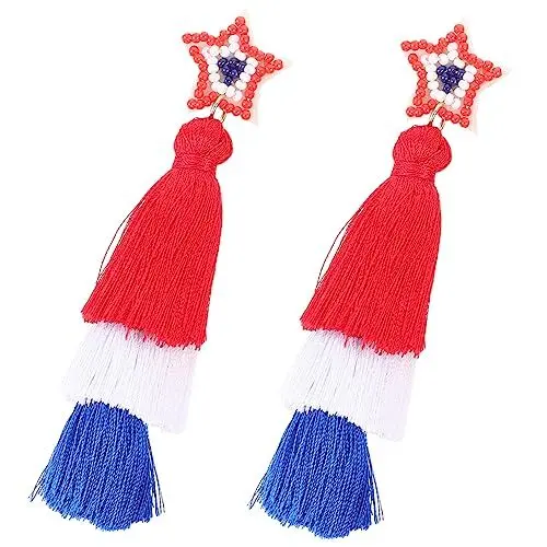 Produktbild: COSMEVIVI 1 Paar 4. Juli Ohrring kolczyki damskie ohrringe quasten fransenohringe Damen Ohrringe 4. Juli Partygeschenke cinco de 4. Juli Quastenohrring Patriotische Quastenohrringe Polyester