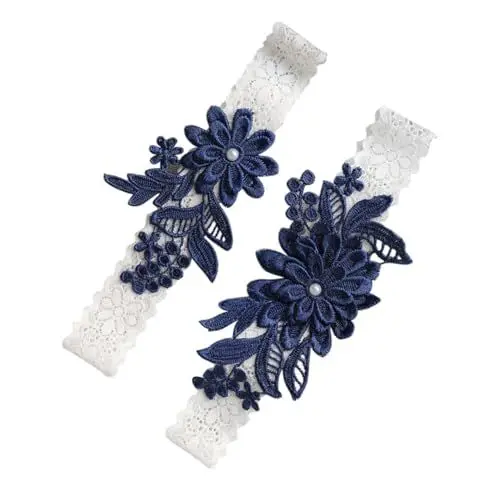 Produktbild: COSMEVIVI 1paar Hochzeits-strumpfband Aus Spitze Marineblau Elegantes Blumenmuster Für Braut Und Brautjungfern Verstellbar Für Einen Oberschenkelumfang Für Feierlichkeiten Und Empfänge