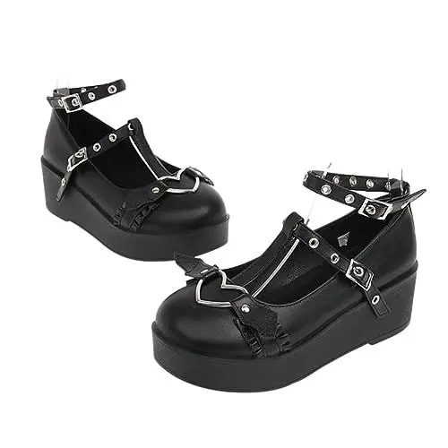 Produktbild: COSMEVIVI 1 Paar Plateauschuhe aus Leder Kawaii Schuhe klobige Plateau-Absätze Kleid in Übergröße Freizeitschuhe Plateau Schuhe Damenschuhe stylische Schuhe Cosplay-Schuhe Gummi Black