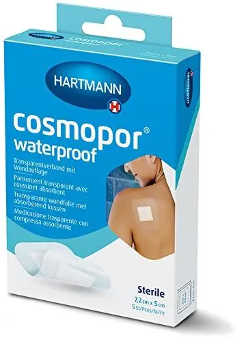 Produktbild: Cosmopor Waterproof: Zur wasserdichten, sterilen Versorgung von Verletzungen und Wunden. Auch nach Operationen, Hautfreundlich und sicher haftend·· 7,2cm x 5cm, 5 Stk.