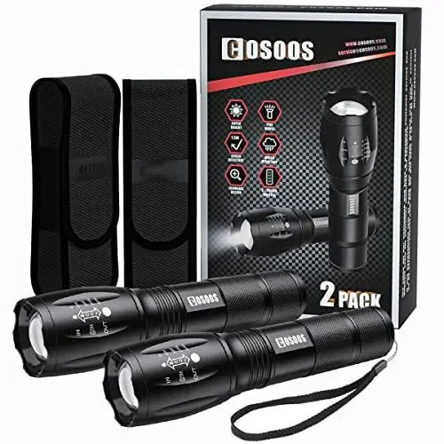 Produktbild: COSOOS LED Taschenlampe, Extrem Hell Taktische Taschenlampen mit Holster, 5 Modi, Zoombare, IP67 Wasserdichte Handlampe für Camping, Outdoor, Wandern, Geschenk (2 Stück)