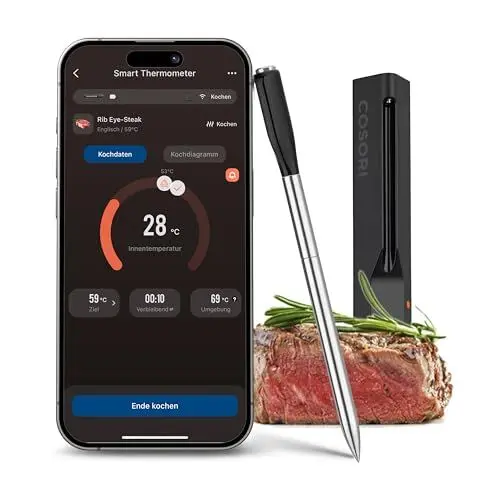 Produktbild: COSORI Erstes Smartes Fleischthermometer, Kabelloses Grillthermometer Bluetooth, perfekt für Heißluftfritteuse, Bratenthermometer für Küche und Grill, Spülmaschinenfest, Schwarz