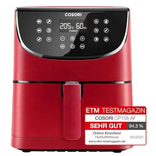 Produktbild: COSORI Heißluftfritteuse CP158-AF, Testsieger 2024 Stiftung Warentest, 11-in-1 Airfryer mit Shake-Reminder, 100 Rezepte, 55 Prozent energiesparend, spülmaschinenfeste Körbe, Rot