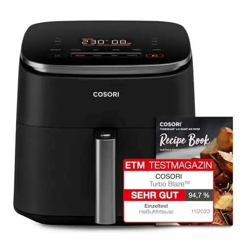 Produktbild: COSORI Heißluftfritteuse XXL Turbo Blaze, 6L Airfryer, Heissluftfritteuse mit 5 Geschwindigkeitsstufen&9 Funktionen, 30°-230°, 87 Online-&30 Papierrezepte, 96 Cooking Charts, Energiesparung, Kompakt