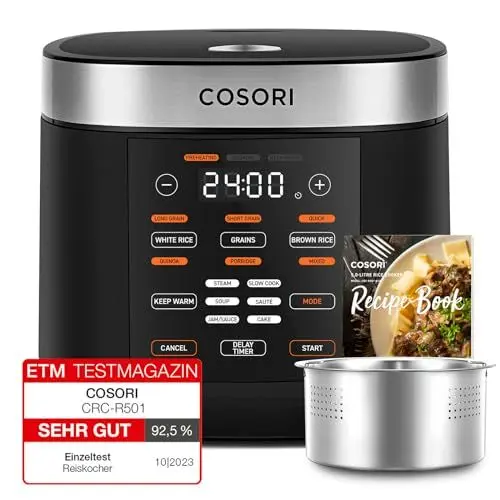Produktbild: COSORI Reiskocher, Multikocher mit 17 Programme, Rice Cooker 5 L, Fuzzy-Logik, Dampfgarer mit Edestahleinsatz, Rezeptbuch, Slow Cooker, Premium Innentopf, Warmhaltefunktion, Timer, Schwarz