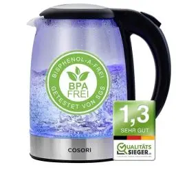 Produktbild: COSORI Glas Wasserkocher 1,7 L, kocht in 2 Minuten, wasserberührende Teile plastikfrei, 304er Edelstahlfilter, 2200 W, Überhitzungsschutz, 360° drehbarer Sockel, Schwarz