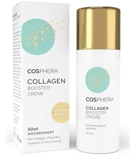 Produktbild: Cosphera Collagen Booster Creme 50 ml Vegan - mit Hyaluronsäure, Peptiden & Vitamin B3 - Gesichtscreme gegen Falten - Anti Faltencreme gegen Tränensäcke, Augenringe und Stirnfalten