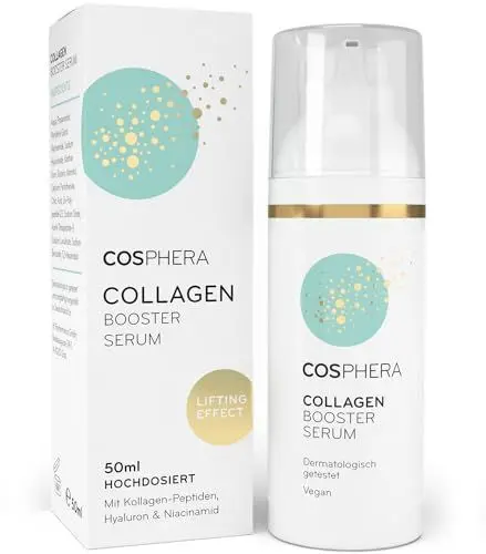 Produktbild: Cosphera Collagen Booster Serum 50 ml Vegan - mit Hyaluronsäure, Peptiden & Vitamin B3 - Gesichtsserum gegen Falten - Anti Falten Serum gegen Tränensäcke, Augenringe und Stirnfalten