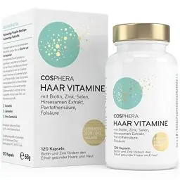 Produktbild: Cosphera Haar-Vitamine - Hochdosiert mit Biotin, Selen und Zink als Beitrag zum Erhalt normaler Haare. Plus Folsäure & Hirse Samen Extrakt (reich an Silizium) - 120 vegane Kapseln im 2 Monatsvorrat.