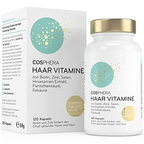 Produktbild: Cosphera Haar-Vitamine - Hochdosiert mit Biotin, Selen und Zink als Beitrag zum Erhalt normaler Haare. Plus Folsäure & Hirse Samen Extrakt (reich an Silizium) - 120 vegane Kapseln im 2 Monatsvorrat.