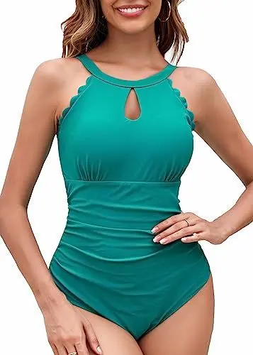 Produktbild: Coswind Badeanzug Damen Bauchweg Sexy Bademode V Ausschnitt Monokini Raffung Push Up Einteiler Schwimmanzug Swimsuit Grün02 M