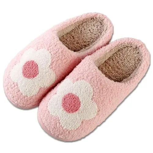 Produktbild: Coswind Hausschuhe Damen Herren Winter Retro Warme Plüsch Kuschel Flauschig Emoji Weiche Gefüttert Rutschfest Haus Pantoffeln Rosa Blumen 270