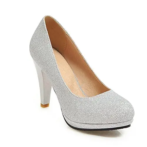 Produktbild: CosyFever Damen DC388 Pumps mit Klobig Hoch Hochzeit Pailletten Mode Silber - 39 EU