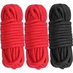 Produktbild: Cosymate weiches Baumwollseil Bindeseil Allzweck Dicke Baumwolle verdreht Knoten binden Seil, 8mm Durchmesser, 10m lang, Packung mit 3, 2 rot 1 schwarz
