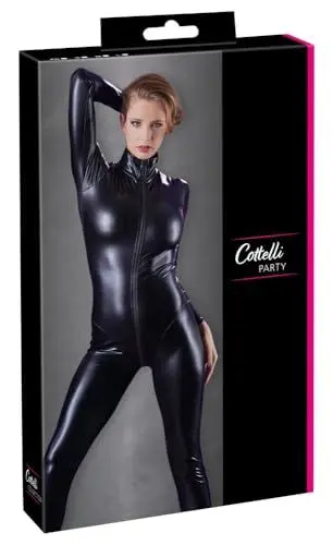 Produktbild: COTTELLI langarm Overall - figurbetonter Overall im Wetlook für Damen, verführerischer Einteiler mit Reißverschluss, sexy Bodysuit, Schwarz