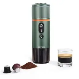 Produktbild: COTGCO Tragbare Kaffeemaschine mit Akku für Reise - Tragbare Espressomaschine für Camping - Erhitzt 40 ml Kaffee in 3 Minuten im Auto - Kaffee Genießen Outdoor - Kompatible Nespresso Kapseln - Grün