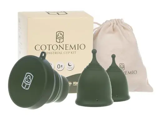 Produktbild: Cotonemio Menstruationstassen-Set Mit Sterilisator (4er-Pack), Größe XS & S 100% Medizinisches Silikon Nachhaltig Ohne BPA,Plastikfrei Bis Zu 12 Stunden(Menstruationstasse,Sterilisator,Baumwollbeutel)