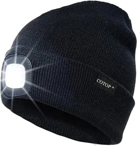 Produktbild: COTOP Mütze mit licht, Herren Wintermütze led, Weich Laufmütze Damen, Unisex Strickmütze für Angler, Geschenke Männer für Ski, Snowboard, Hut für Camping, Joggen(Schwarz)
