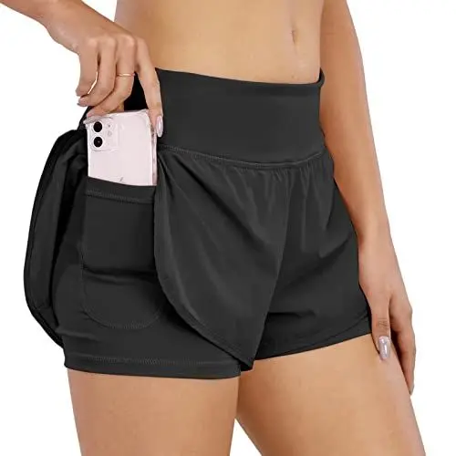 Produktbild: COTOP Laufhose Damen Kurz, 2 in 1 Sporthose Kurze Sommer mit Tasche, Midwaist Sport Shorts Teenager Mädchen mit Elastisch Unterhose für Volleyball, Joggen, Gym (Schwarz S)