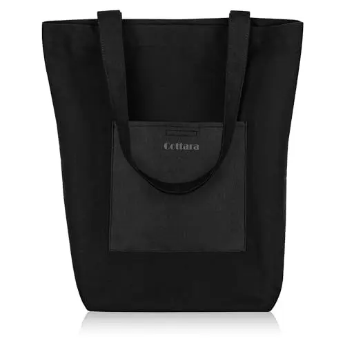Produktbild: COTTARA® Jutebeutel schwarz – Hochwertige Stofftasche mit Reißverschluss, Frontfach und breitem Boden – Einkaufstasche lange Henkel – Ideal als Stoffbeutel, Tragetasche, Jutetasche, Shopper