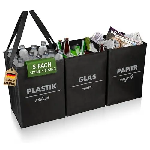 Produktbild: COTTARA® Mülltrennsystem 3fach faltbar mit 5fach Stabilisierung| Recycling Behälter aus robustem Material | Perfekt als Mülltrenner, Pfandflaschen Aufbewahrung, altpapier sammelbehälter schwarz