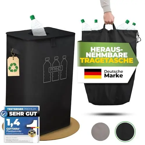 Produktbild: COTTARA® Pfandflaschen Sammelbehälter mit Deckel und Tragetasche | Pfandbehälter mit Einwurf | Ideal als Pfandflaschen Behälter Flaschensammler Leergut Sammelbehälter für Küche (Schwarz)