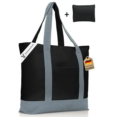 Produktbild: COTTARA® Canvas Tote bag große Stofftasche mit Reißverschluss – gefütterte Baumwolltasche Canvas Tragetasche – ideale Einkaufstasche, Shopper und Badetasche Herren Damen - 25L schwarz