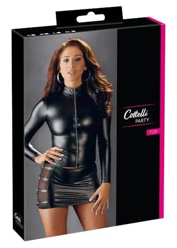 Produktbild: COTTELLI PARTY Langarm-Top - figurbetontes Shirt für Frauen, mit Stehkragen und langem Ärmel, Matt-Optik, V-Ausschnitt, schwarz