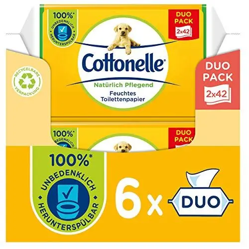 Produktbild: Cottonelle Feuchtes Toilettenpapier, Natürlich Pflegend - Kamille & Aloe Vera, Biologisch Abbaubar, Plastikfrei, Wiederverschließbar, Duo-Pack, 6 x 84 Feuchttücher