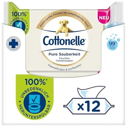 Produktbild: Cottonelle Feuchtes Toilettenpapier Pure Sauberkeit, ultra-sensitive, 99% Wasser, 12 x 38 Tücher, parfümfrei & hypoallergen