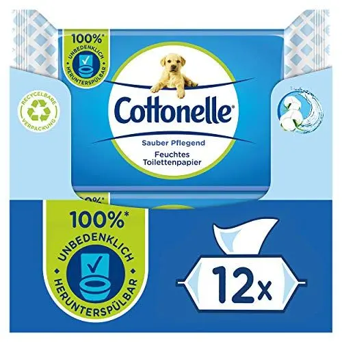 Produktbild: Cottonelle Feuchtes Toilettenpapier, Sauber Pflegend - Mizellenwasser & Baumwollduft, Biologisch Abbaubar, Plastikfrei, Wiederverschließbar, Vorteilspack, 12 x 42 Feuchttücher