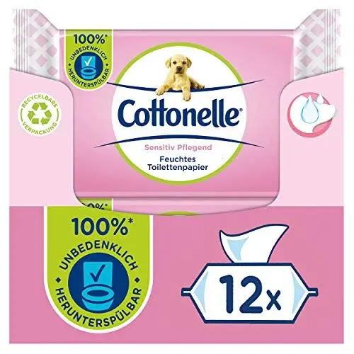 Produktbild: Cottonelle Feuchtes Toilettenpapier, Sensitive Pflegend - Parfümfrei, Biologisch Abbaubar, Plastikfrei, Wiederverschließbar, Vorteilspack, 12 x 42 Feuchttücher