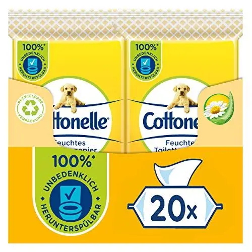 Produktbild: Cottonelle Feuchtes Toilettenpapier für unterwegs, Natürlich Pflegend - Kamille & Aloe Vera, Schnell auflösend, 20 x 12 Tücher Vorteilspack, Biologisch abbaubar