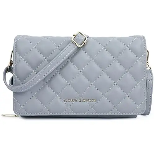 Produktbild: cotwoco Damen Handy Umhängetasche - Gesteppte Crossbody Taschen Handtasche Vegan Leder Crossbody Bag Schultertasche Kleine Abendtasche Reisepass Handytasche mit Geldbeutel Kartenfächer, Grau Blau