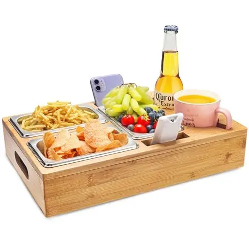 Produktbild: Couchbar Snackbox, Snackspender mit 3X Snackschalen, Abnehmbarer Deckel, Sofatablett aus Holz, Couch Bar mit Getränkehalter, Snackbox mit Fächern, Couch Organizer Tablett, Sofa Butler