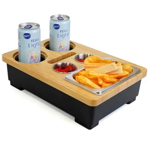 Produktbild: Couchbar Snackbox - Sofatablett mit Snackschalen Soßenteller und Flaschenhalter - Couch Tablett aus Bambus - Sofa Butler mit Handyhalter - der Perfekte Snackbar - Couchbutler Couch Organizer