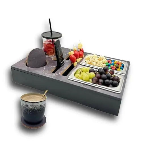 Produktbild: Couchbar Sofa Snackbar Tablett für Wohnzimmer in Marmor Optik aus Bambus inkl. abnehmbare Oberfläche | Couchablage mit Getränkehalter und Untersetzer, Handyhalterung, Snackschale Snackbox | 40x26x7cm