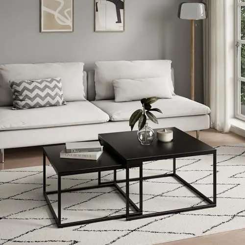 Produktbild: Couchtisch 2er Set quadratisch weiß aus Holz, Wohnzimmertisch Modern, Beistelltisch Set 2 in 1 mit Metallgestell für Wohnzimmer Büro Beistelltisch Loft Design Twin, Kratzfeste Oberfläche
