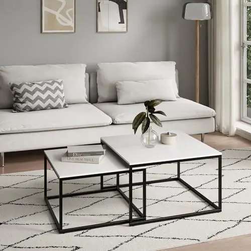 Produktbild: Home Collective Couchtisch 2er Set quadratisch weiß aus Holz, Wohnzimmertisch Modern, Beistelltisch Set 2in1 mit Metallgestell für Wohnzimmer Büro Beistelltisch Loft Design Twin, Kratzfeste Oberfläche