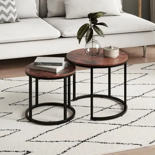 Produktbild: Couchtisch 2er Set rund aus Holz, Wohnzimmertisch Modern, Beistelltisch Set 2 in 1 mit Metallgestell für Wohnzimmer Büro Beistelltisch Loft Design Twin | Eiche dunkel