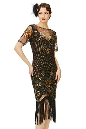 Produktbild: Coucoland 1920s Kleid Damen Kurz Fransen Ärmel Rund Ausschnitt Flapper Kleid 20er Jahre Paillettenkleider Great Gatsby Cocktail Party Damen Fasching Kostüm Kleid (Schwarz Gold, S)