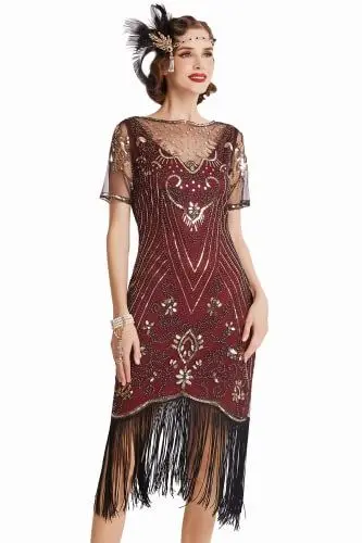 Produktbild: Coucoland 1920s Kleid Damen Kurz Fransen Ärmel Rund Ausschnitt Flapper Kleid 20er Jahre Paillettenkleider Great Gatsby Cocktail Party Damen Fasching Kostüm Kleid (Weinrot Gold, L)