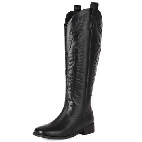 Produktbild: CouieCuies Damen Langschaft Cowboy Stiefel Reißverschluss Blockabsatz Low Heel Western Stiefel mit Quadratischer Spitze Hohe Stiefel mit Stickerei