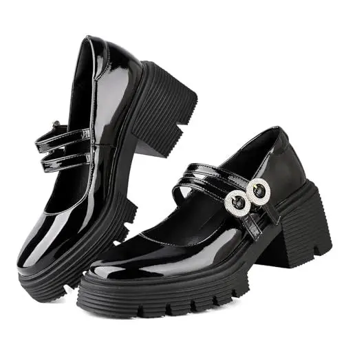 Produktbild: CouieCuies Damen Mary Jane Halbschuhe Klobige Absatz Plateau Schuhe Lackschwarz Mädchen Bequeme Lolita Knöchelriemen Runde Spitze 40